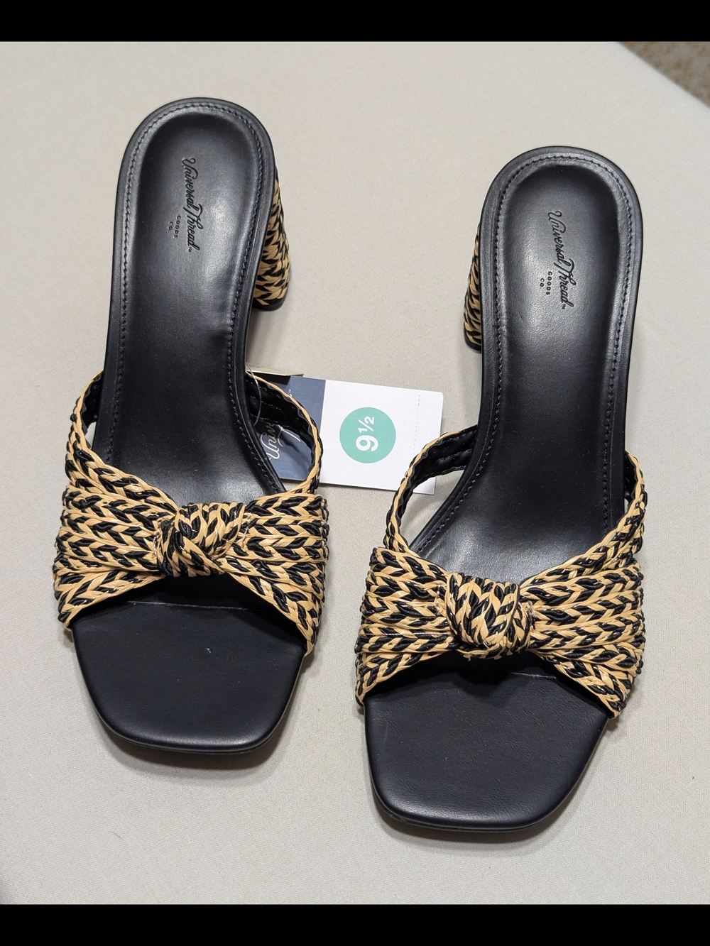 Universal Thread Black and Natural Woven Knot Slide Heels